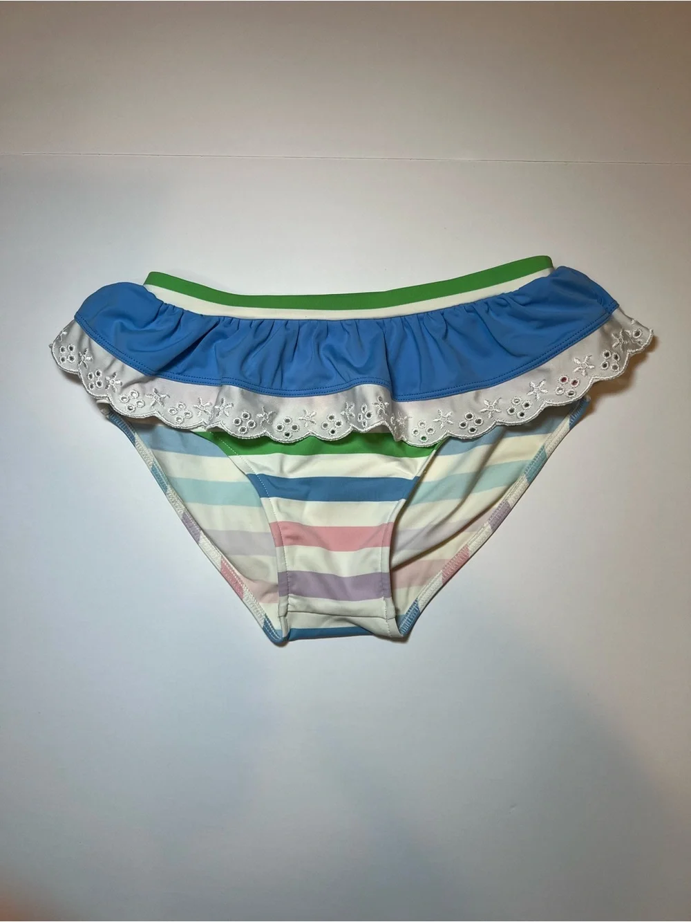 The Beaufort Bonnet Company Striped Ruffle Bikini Bottoms with white eyelet Trim